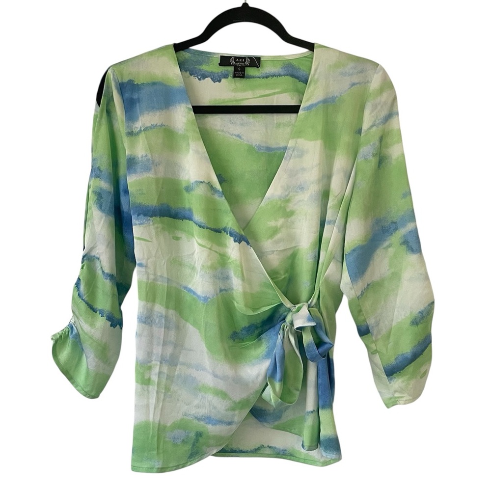 A.Z.I blue and green long sleeve wrap top blouse size small